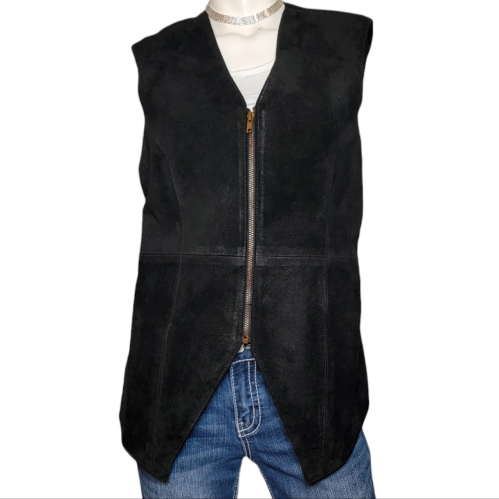 KZK Vintage Leather Zipper Vest, Deep Knotched Front Hem, V-neck, sz L